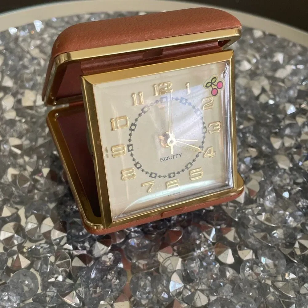 Vintage old Taiwan Equity Folding Travel Alarm Clock Illuminated Hands Wind Up